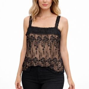 Black Sheer Lace Babydoll Cami Tank Floral Mesh XL Y2K Goth Grunge Whimsigoth